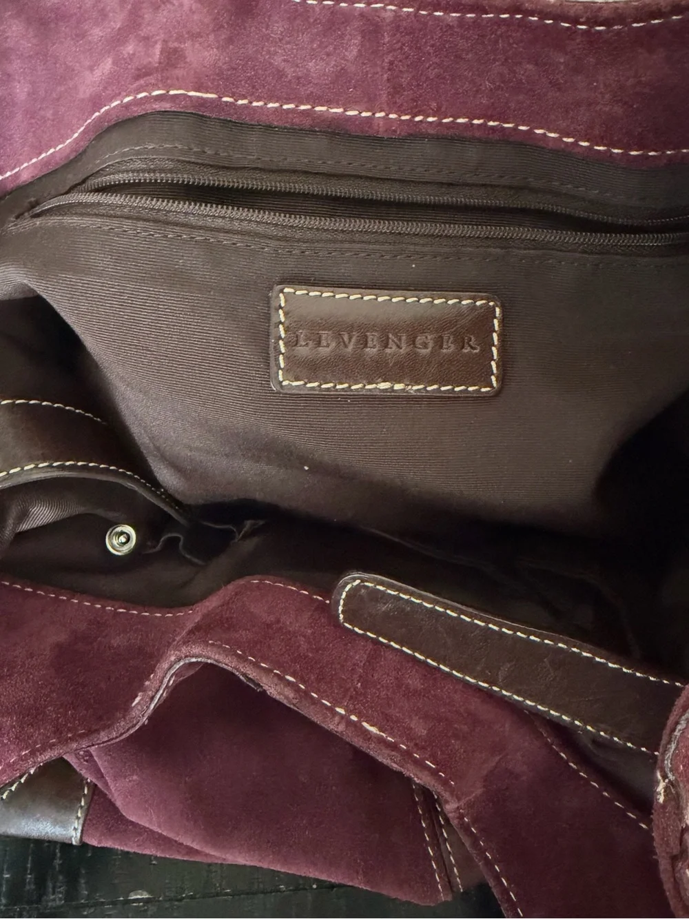 Levenger suede leather hobo tote bag purse burgundy purple classic minimalist